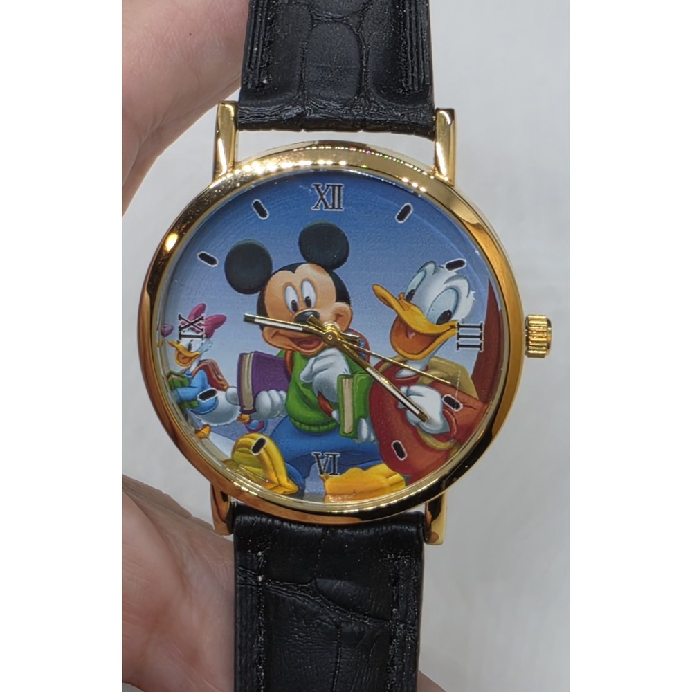 Mickey Mouse Donald And Daisy Duck Watch With Black Leather Band Unbranded
